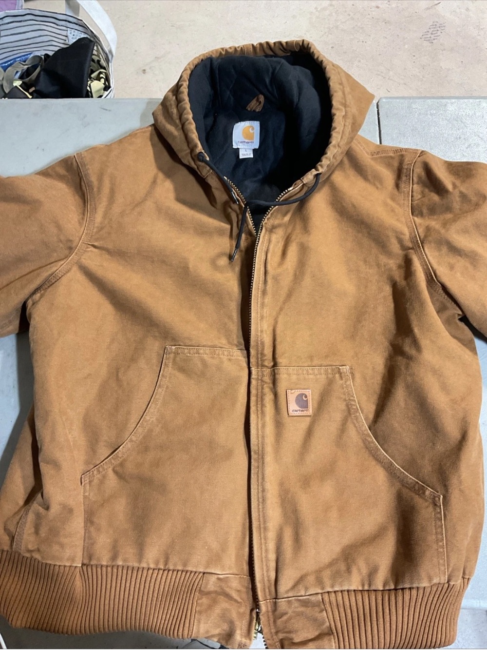 Carhartt J130 211 Active Jacket Mens LARGE Brown Quilted Lined Duck Hood